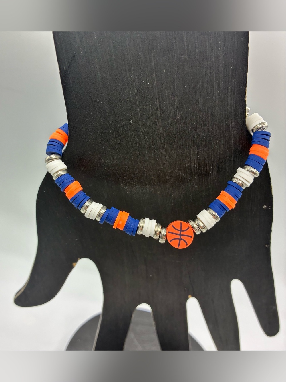 Basketball Beaded Stretch Bracelet - Orange, Navy & White